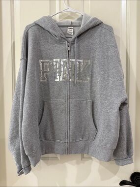 PINK Victoria's Secret Silver Rhinestone Logo Gray Full-Zip Hoodie